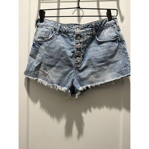 Pilcro Anthropologie Cut Off Button Fly Blue Denim Jean Shorts Sz 28 Distressed
